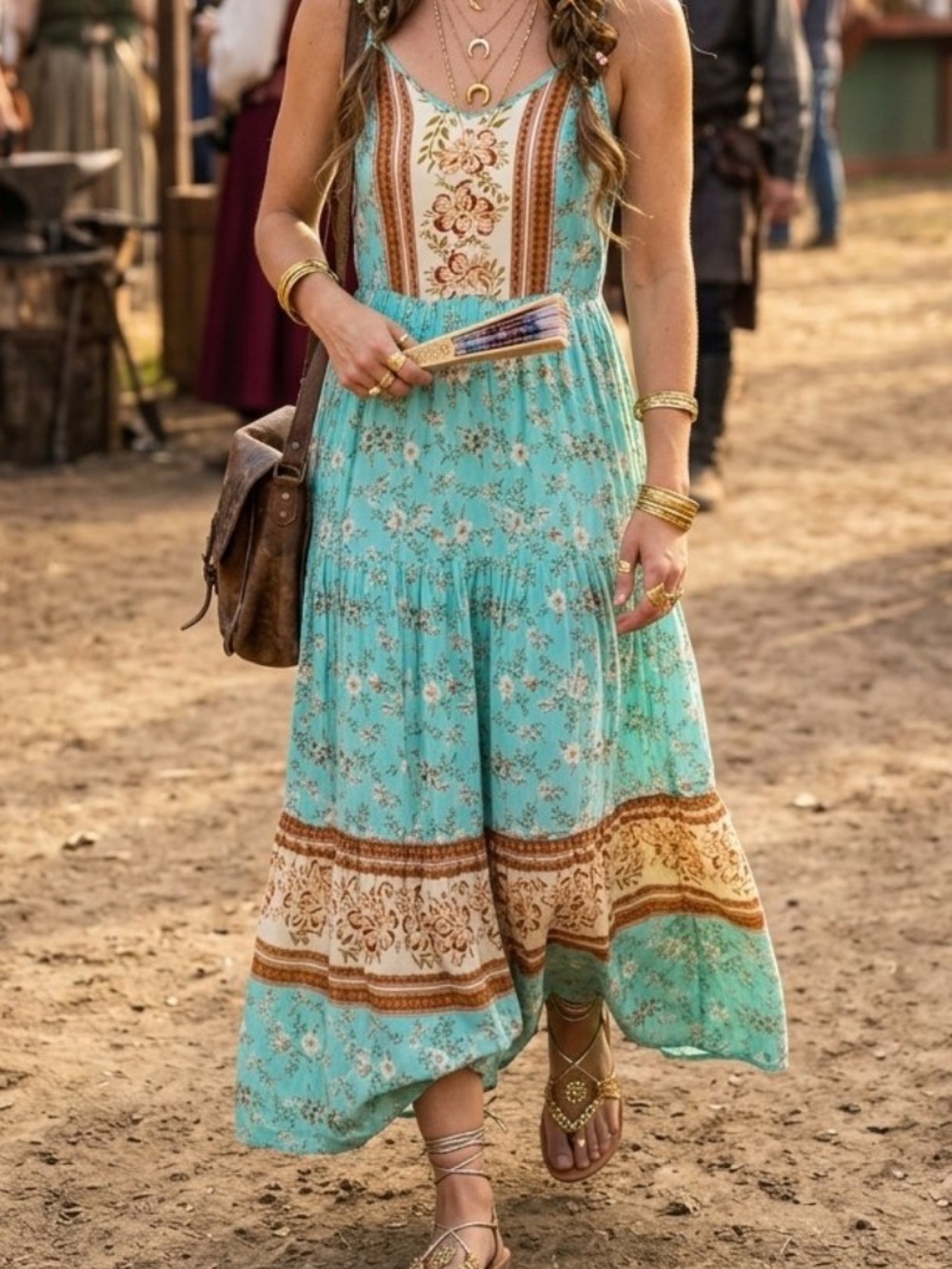 Floral Maxi Dress in Turquoise and terracotta